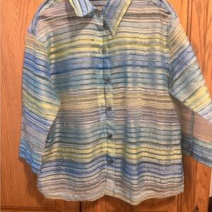 NOTATIONS Blouse Size Medium Green, Blue Striped Sheer Fabric Top Shirt